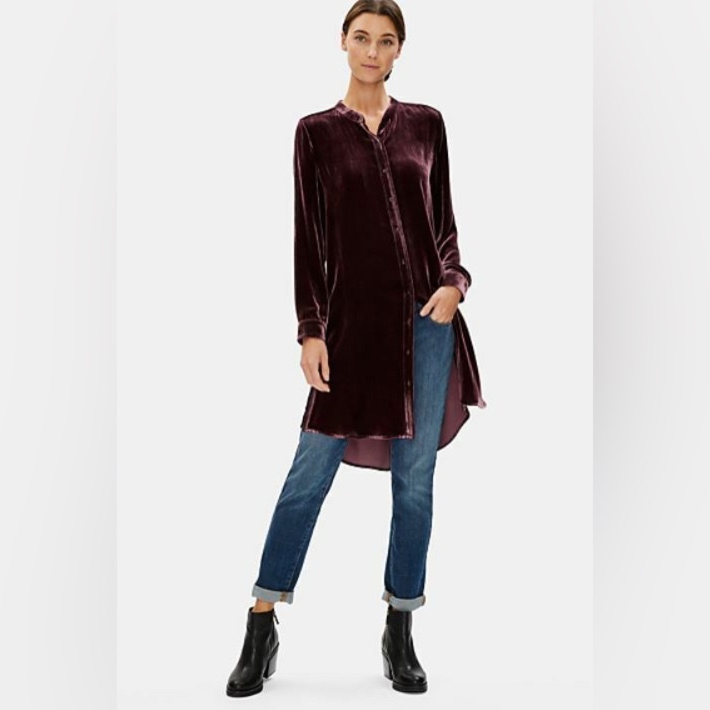 Eileen Fisher Mandarin Collar Lng Velvet Shirt Dress Tunic Cassis Purple S